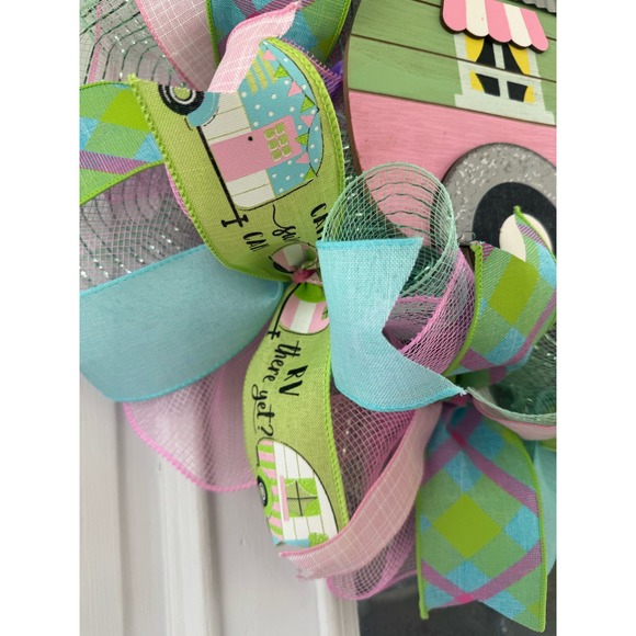 Pink Mint Green Camper Mesh Ribbon Easter & Spring Wreath Front Door Hanger xxx - Picture 3 of 10